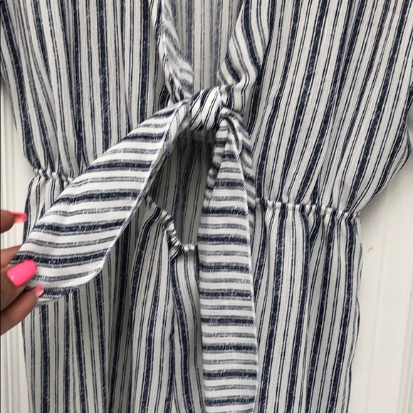 Navy & white pinstripe, tie front shorts romper - Picture 6 of 8